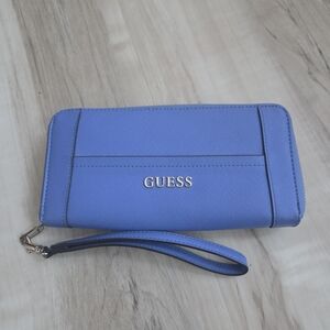 Guess Zip Around Wallet Wristlet Blue Silver Tone Hardware